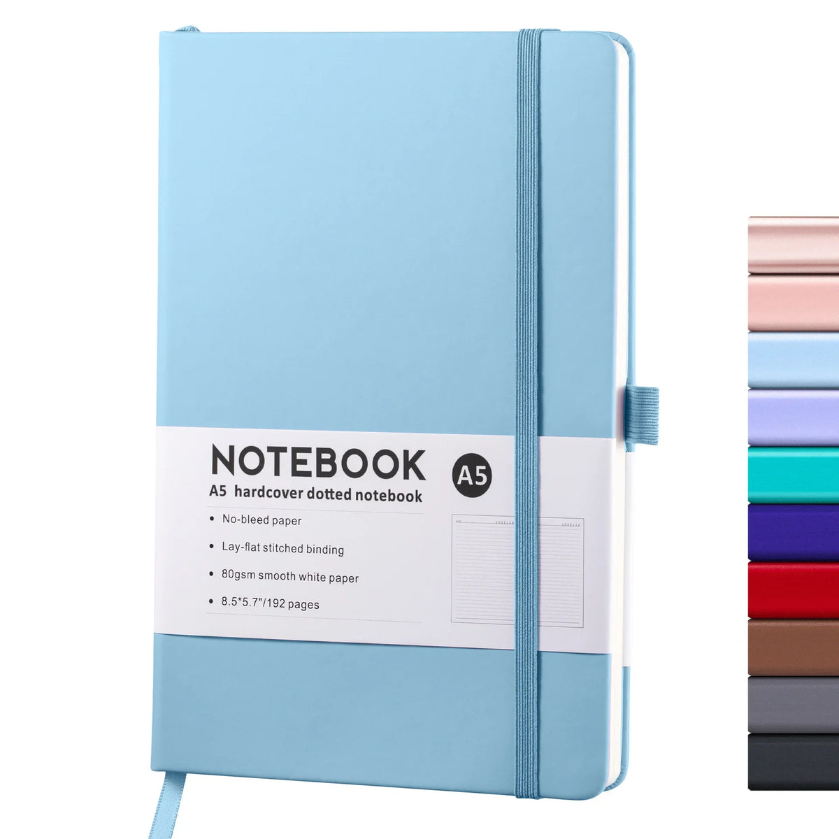 Light blue hardcover dotted notebook with a blue elastic closure and a vertical stack of colored notebooks.