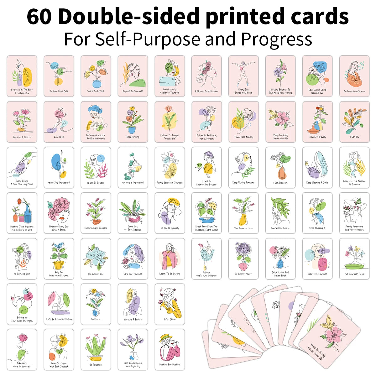 A collection of 60 double-sided printed cards for self-purpose and progress featuring various affirmations and positive messa