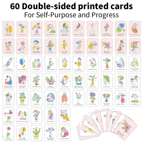 A collection of 60 double-sided printed cards for self-purpose and progress featuring various affirmations and positive messa