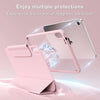 A pink magnetic rotating protective case for an iPad is shown with a detached screen, demonstrating magnetic attraction.