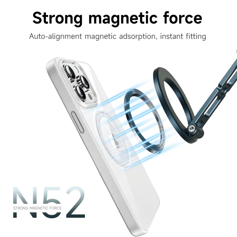 White magnetic phone tripod stand with a hook demonstrating auto-alignment magnetic adsorption.