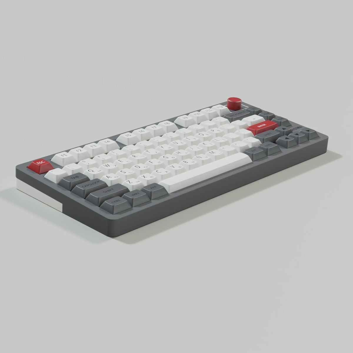 A close-up view of retro NES style PBT keycaps for mechanical keyboards, featuring white and red keys.