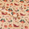 Christmas wrapping paper featuring Santa, reindeer, and festive holiday designs on light beige paper.
