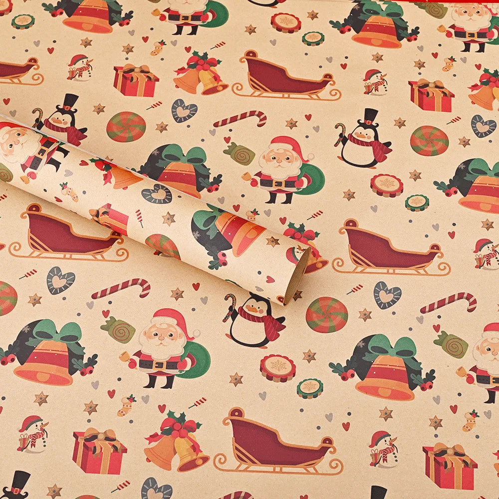 Christmas wrapping paper featuring Santa, reindeer, and festive holiday designs on light beige paper.