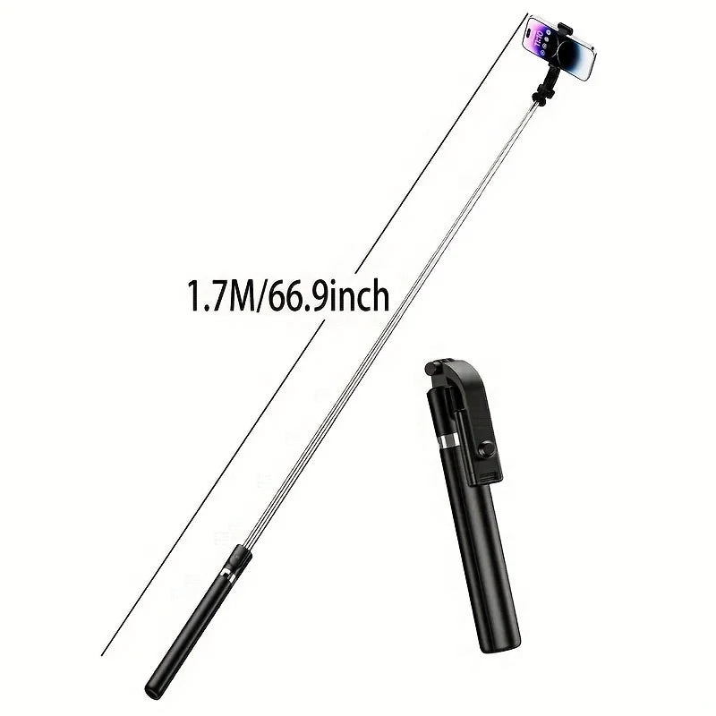 A black extendable selfie stick tripod with a wireless remote and smartphone attached.