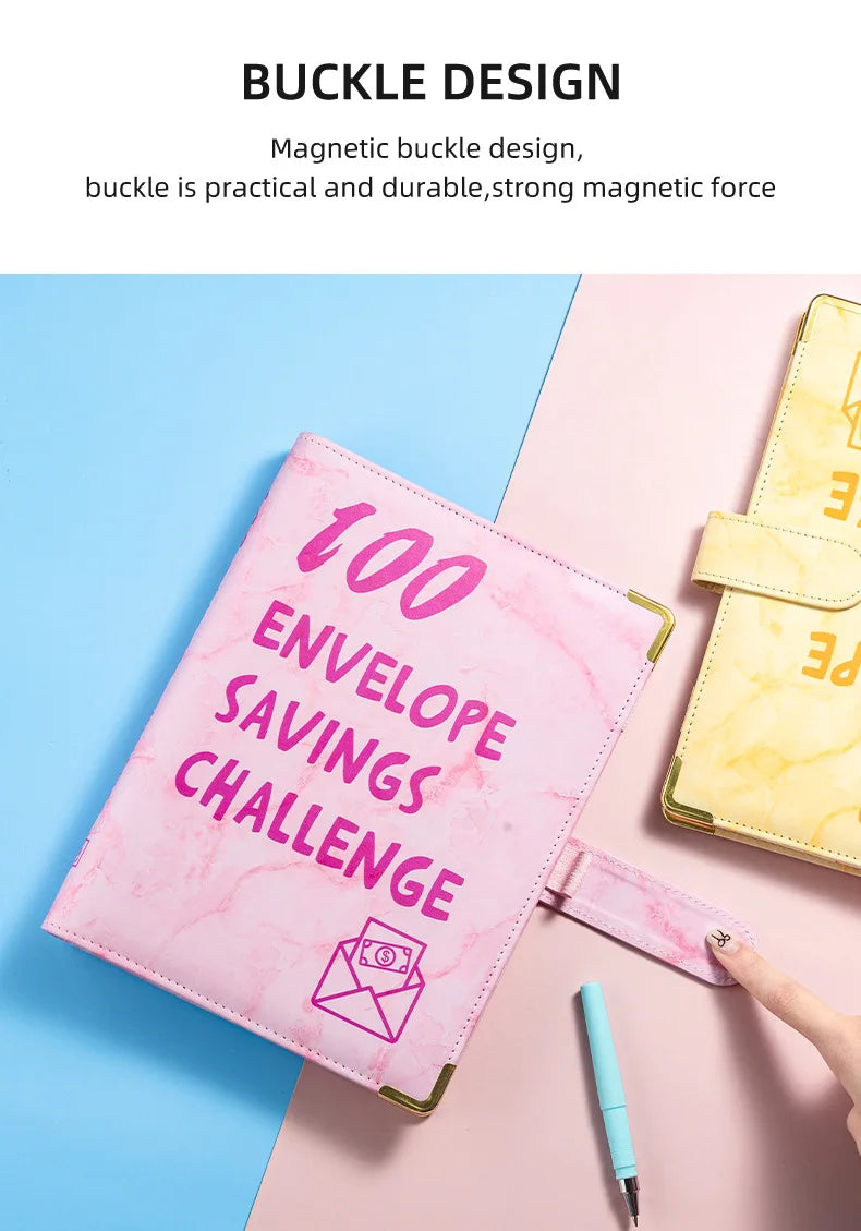 Pink marble A5 budget binder with cash envelopes and a magnetic buckle design