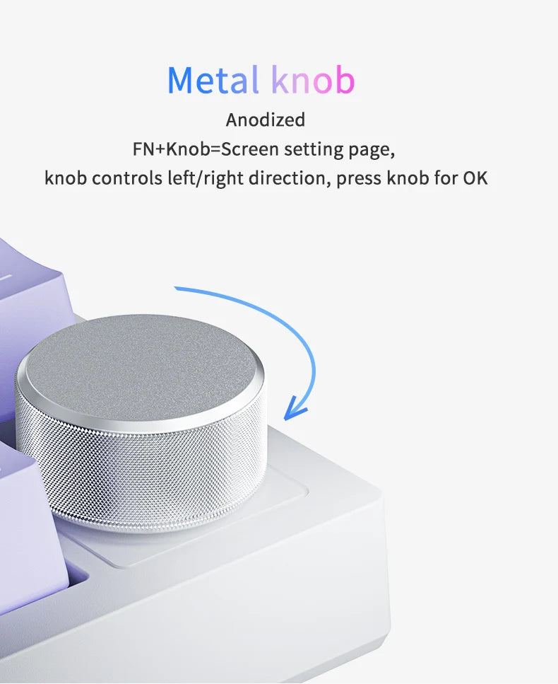 Nahaufnahme eines Metallknopfs auf einer Tastatur, zum Einstellen von Bildschirm- und Bedieneinstellungen.