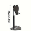 A black adjustable desktop phone and tablet stand with a curved holder and a circular base.