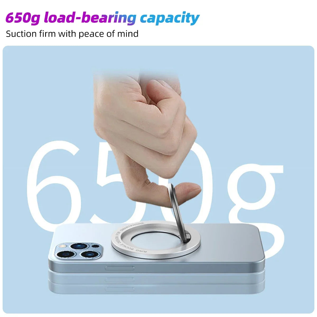 A hand is shown gripping a magnetic phone holder stand for an iPhone, demonstrating its 650g load-bearing capacity.