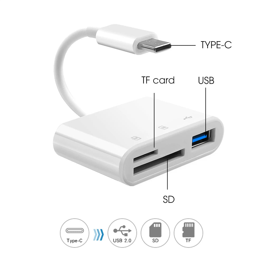 Adaptador blanco con puerto Type-C, ranura para tarjeta SD y ranura para tarjeta TF para transferencia de datos.