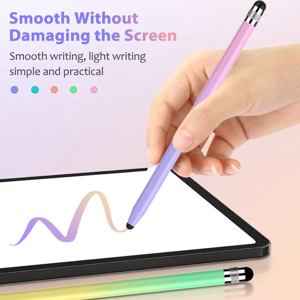 A hand holds a purple stylus pen writing on a tablet screen.