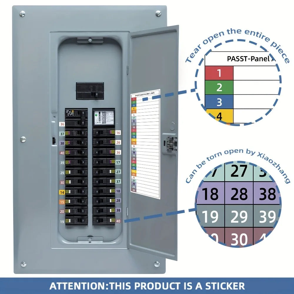 A gray electrical panel door showing multiple circuit breaker labels and an inset diagram illustrating how to tear open the p