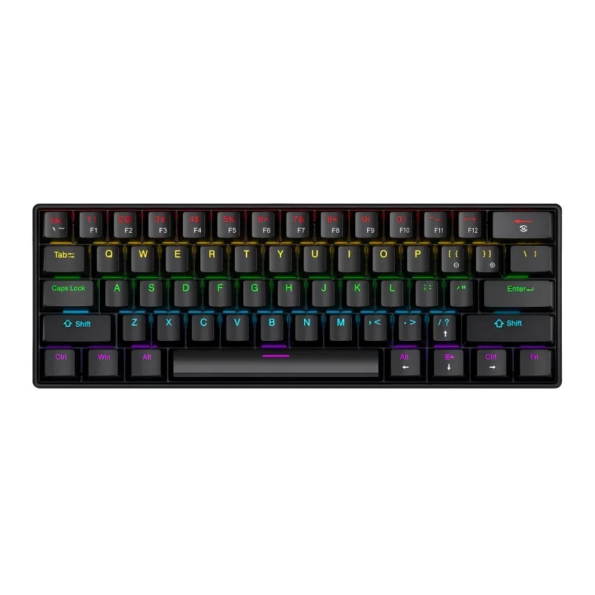 A black portable mechanical keyboard featuring customizable RGB lighting and various function keys.