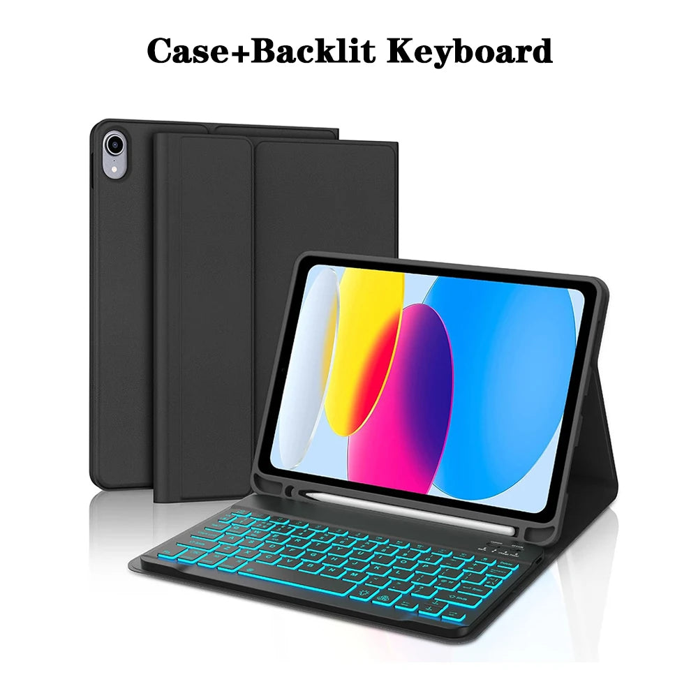Estuche negro y teclado retroiluminado junto a un iPad, demostrando una solución de teclado Bluetooth desmontable.