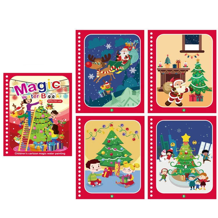 A set of five colored drawing and coloring pages featuring Christmas and winter themes for children.