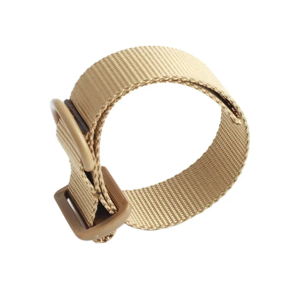 A beige adjustable tactical sling adapter for rifle stocks.