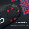 Close-up of a black gaming mouse featuring red adhesive dots and PTFE material for smooth gliding