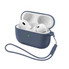 A dark blue silicone earphone case with a lid open, showing two white earbuds and an attached strap.