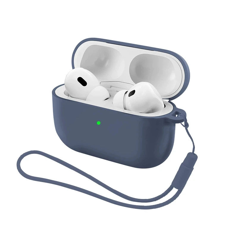 A dark blue silicone earphone case with a lid open, showing two white earbuds and an attached strap.