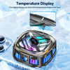 Ventilador para teléfono magnético RGB con pantalla de temperatura en un entorno nevado.