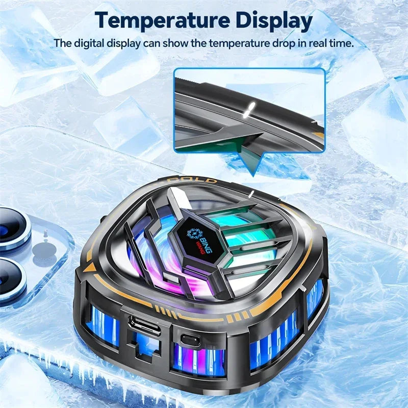 Ventilador para teléfono magnético RGB con pantalla de temperatura en un entorno nevado.