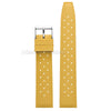 A yellow perforated silicone watch strap with a silver quick release buckle.