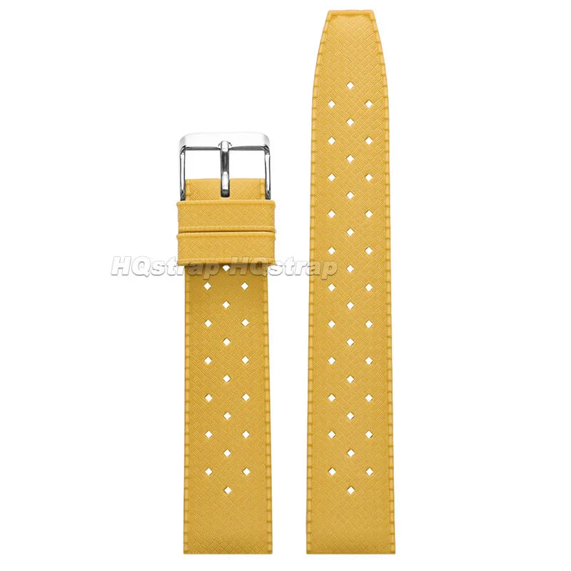A yellow perforated silicone watch strap with a silver quick release buckle.