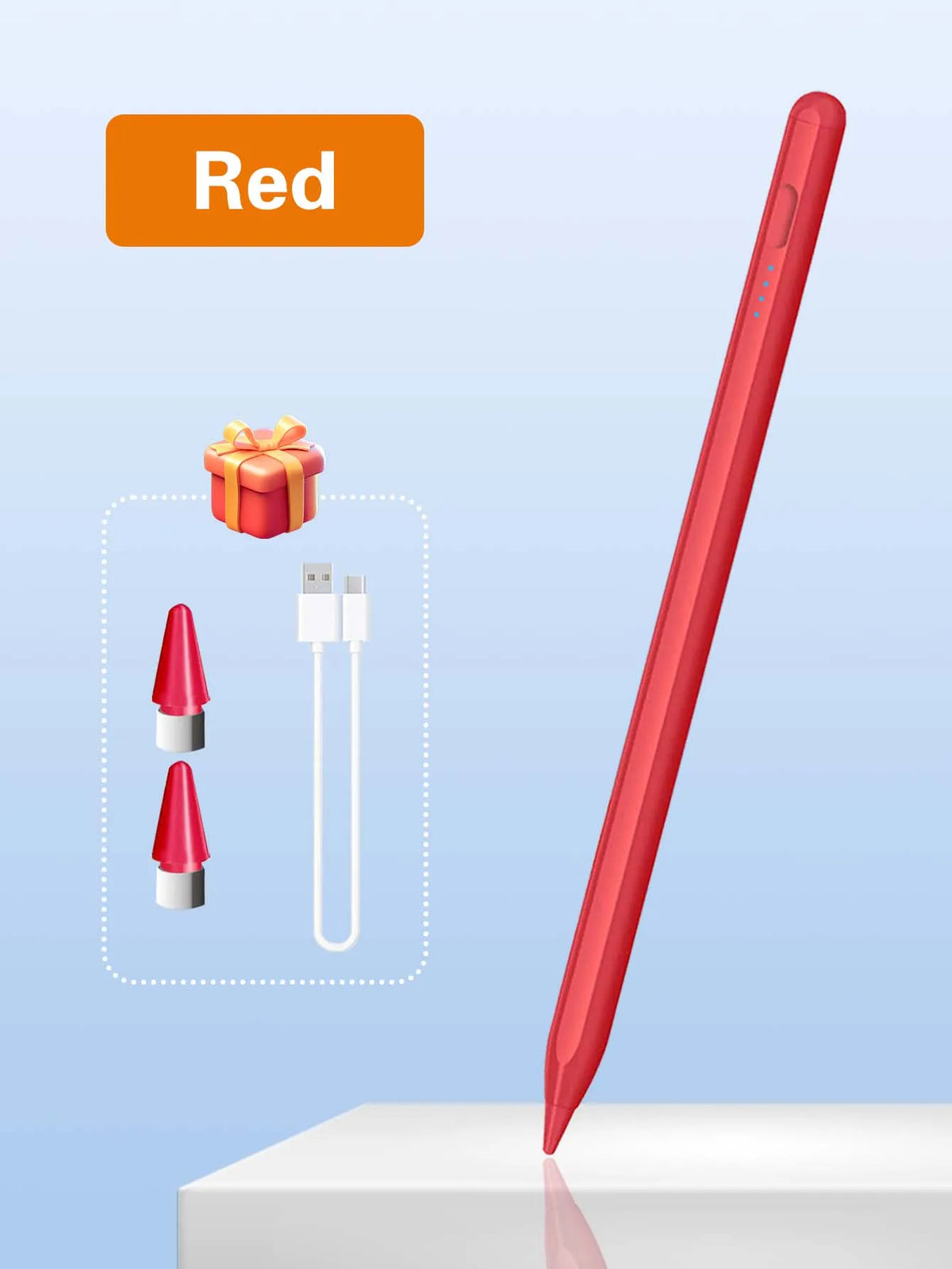 Roter Präzisions-Tilt-Sensor-Stift neben einer Geschenkbox und Ladekabel auf weißer Fläche.