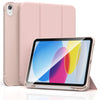 A pink universal protective case for an iPad is shown, featuring a slim design and a stylus.