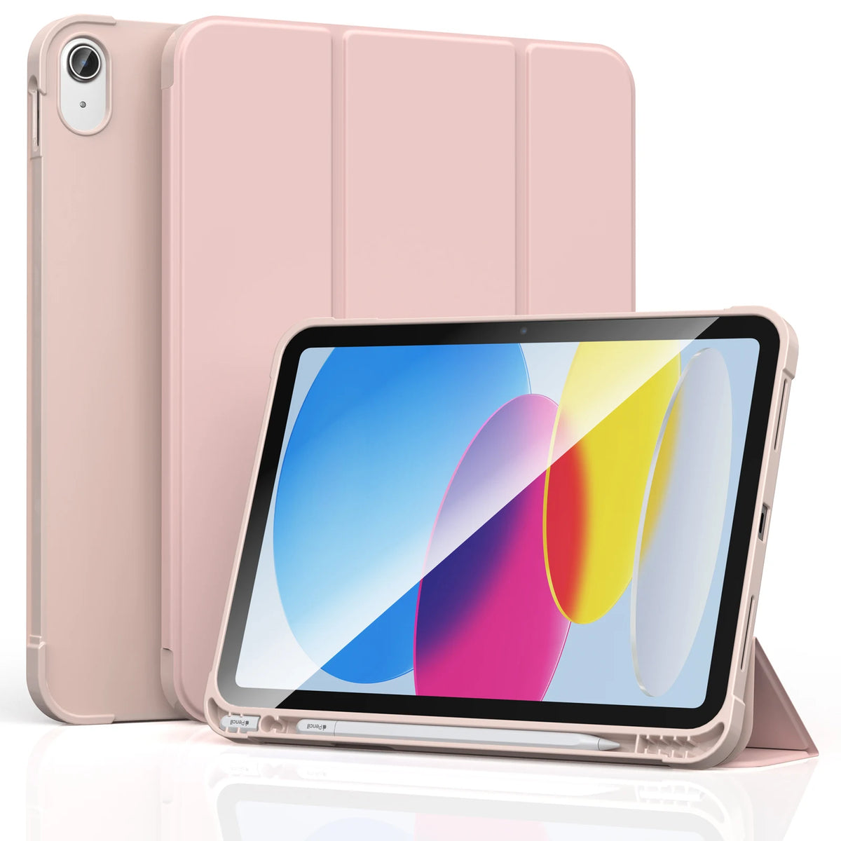 A pink universal protective case for an iPad is shown, featuring a slim design and a stylus.