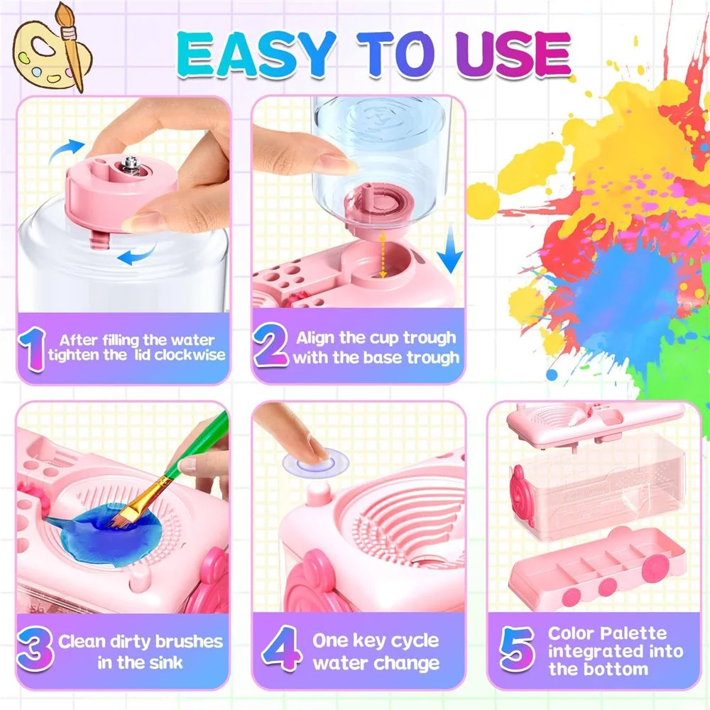 A set of pink paint brushes and a cleaning tool for easy brush maintenance and water change.