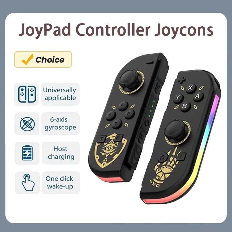 A pair of black Joypad controllers shown with features like universal applicability and host charging capability.