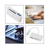 A white 3-in-1 USB camera adapter with SD and TF card readers shown alongside a laptop and an iPhone.