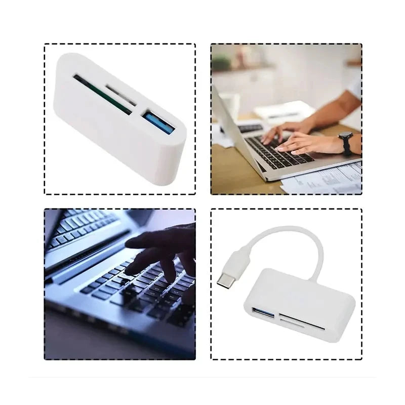 A white 3-in-1 USB camera adapter with SD and TF card readers shown alongside a laptop and an iPhone.