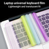 A laptop keyboard film showing various translucent silicone covers in yellow, blue, and purple colors.