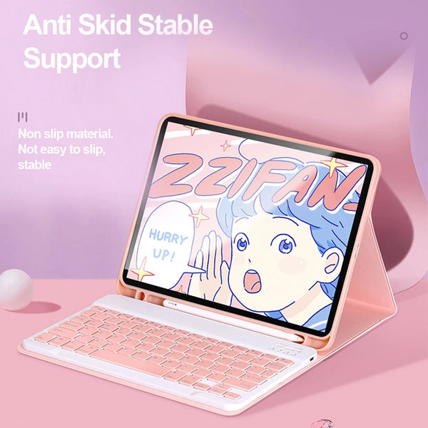 A pink detachable keyboard case for an iPad showing a cartoon character design.
