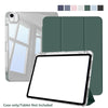 Clear protective case for an iPad Air shown alongside a matching green protective cover and color options.