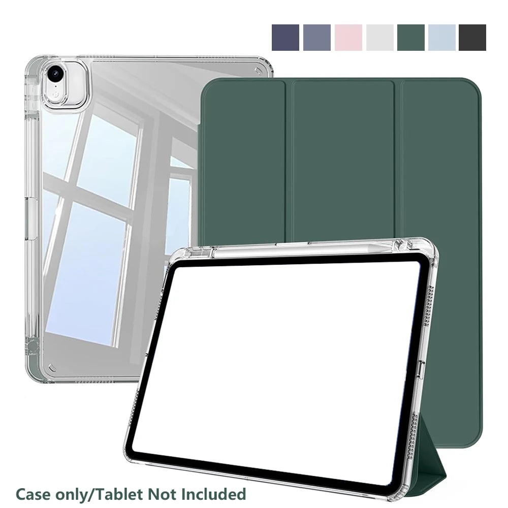 Clear protective case for an iPad Air shown alongside a matching green protective cover and color options.