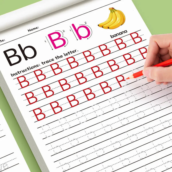 A workbook page showing tracing practice for the letter Bb and the word banana.