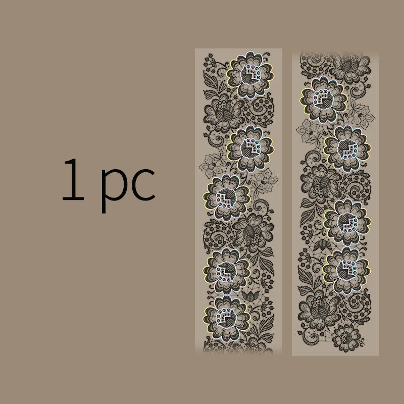 Two vertical strips of decorative silver stamping lace tape featuring intricate floral patterns on a beige background.