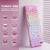 A transparent pink wireless mechanical keyboard featuring an RGB backlight and a function knob.