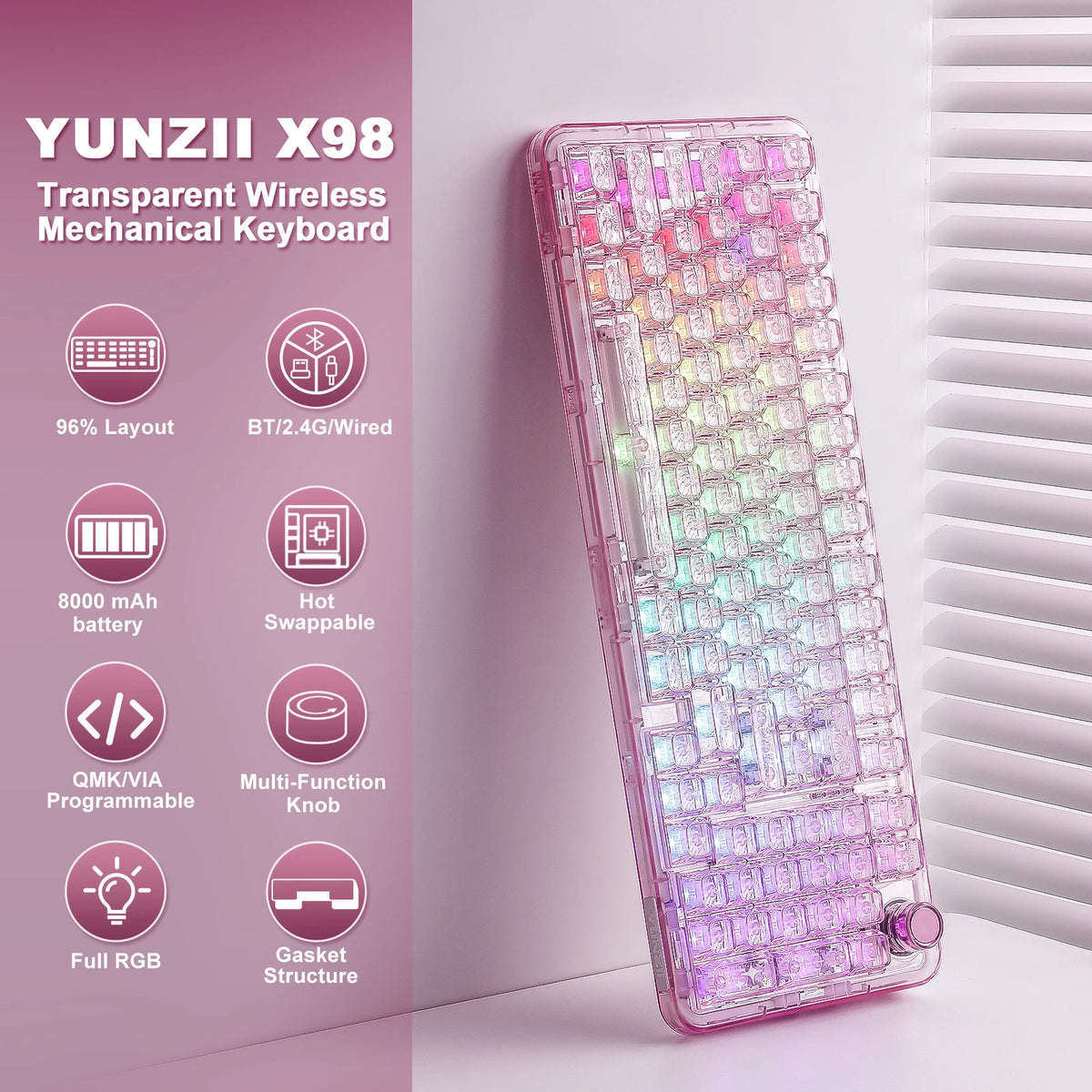 A transparent pink wireless mechanical keyboard featuring an RGB backlight and a function knob.