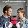 A man and a woman are using dual headphones for face-to-face translation with voice for global negotiations or travel.