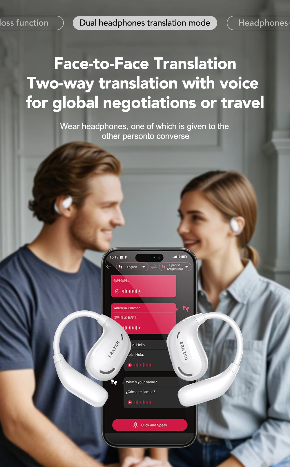 A man and a woman are using dual headphones for face-to-face translation with voice for global negotiations or travel.