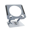 A silver foldable tablet and phone stand with a circular opening for viewing.