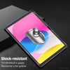 A close-up view of a shock-resistant tempered glass screen protector applied to an iPad display.