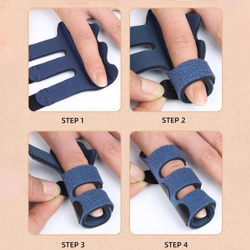 Four steps showing how to assemble an adjustable finger splint for pain relief and support