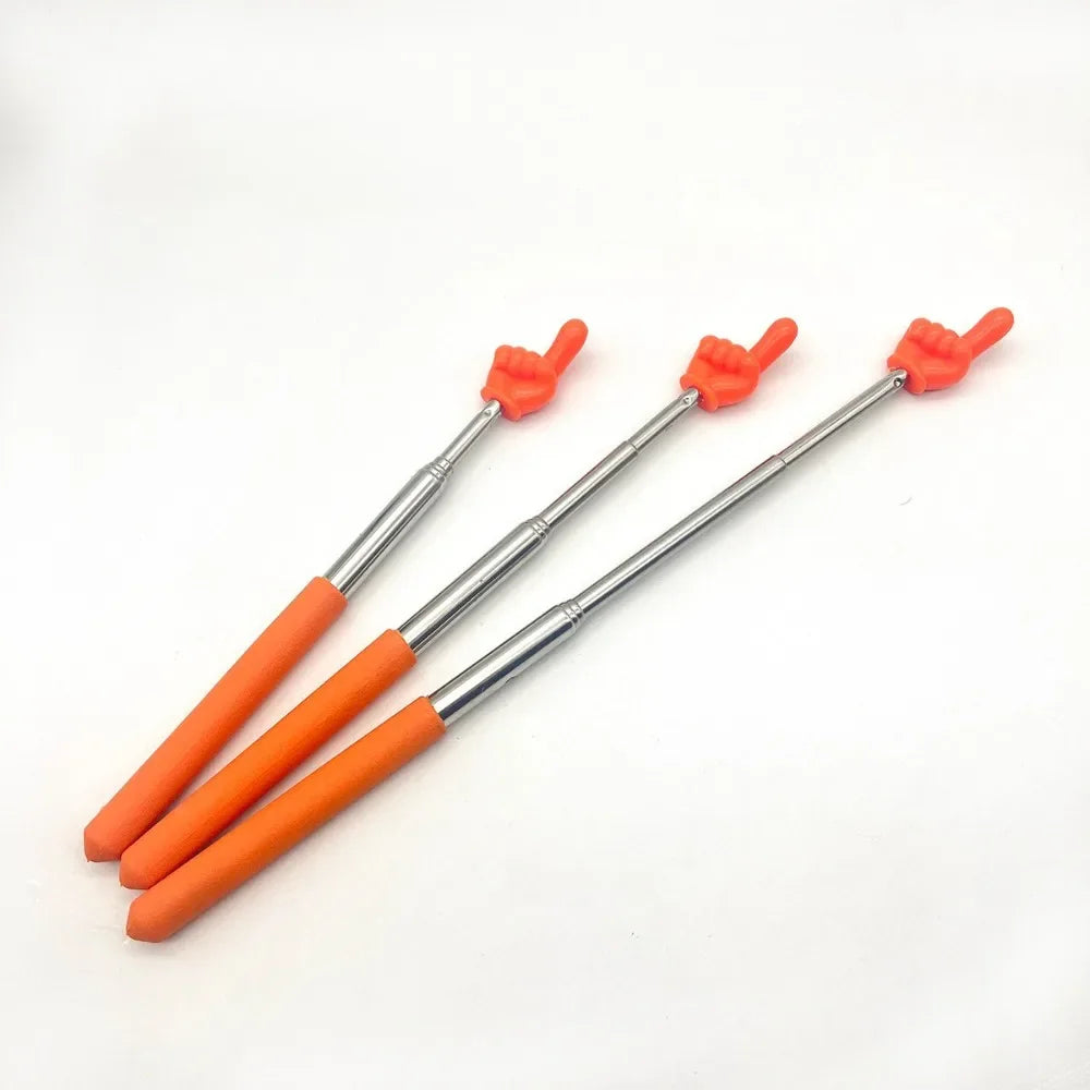Three telescopic stainless steel teaching pointers with orange handles and tips.