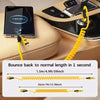 A yellow retractable charging cable is shown next to a smartphone displaying 99.99% battery, demonstrating its length adjustm