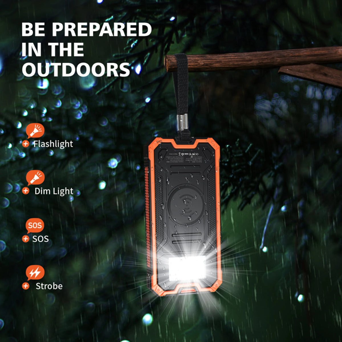 An orange LED flashlight is shown hanging from a wooden branch in a dark, outdoor setting with rain.